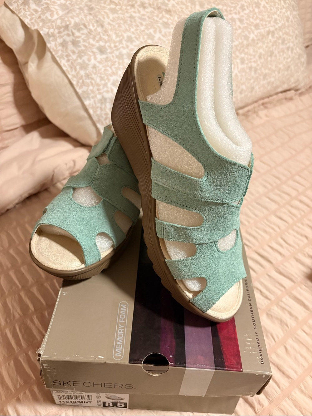 Stylein Mint Green Suede Wedge Slingback Sandals